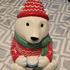 Festive Polar Bear Cookie Jar - Red and Green